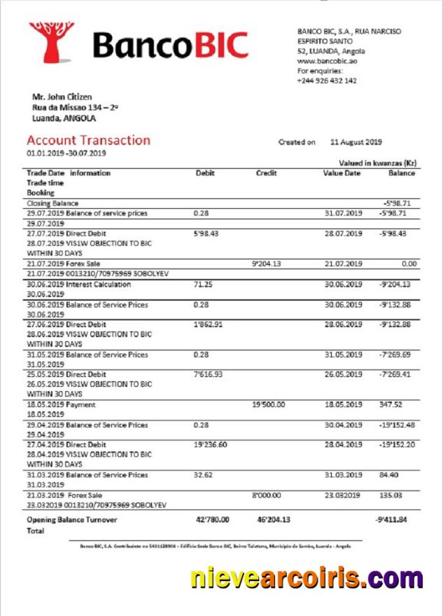 Angola Banco BIC bank statement